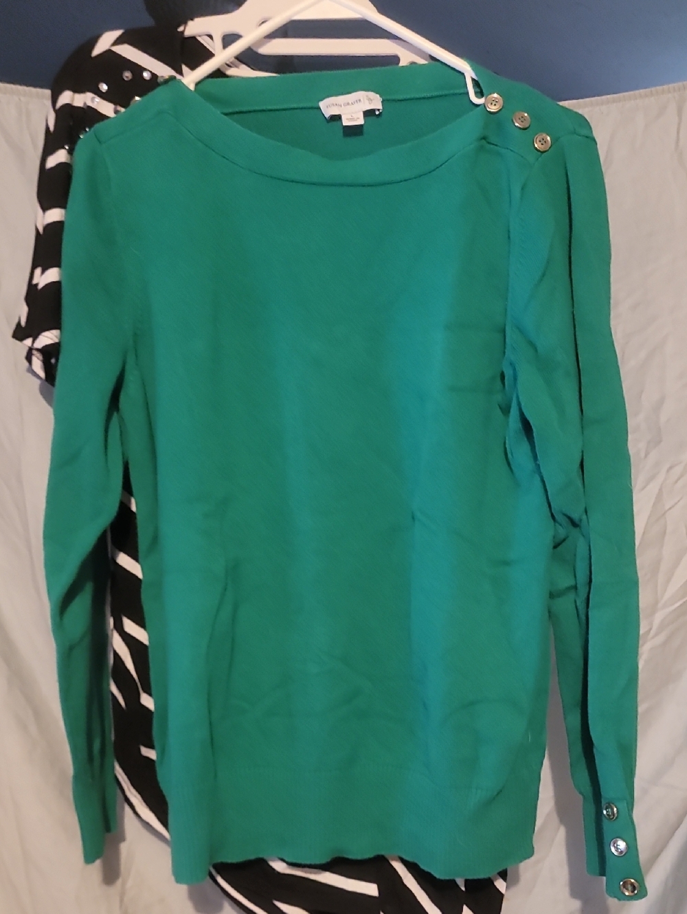 Susan Graver Emerald Green Button-Shoulder Knit Top